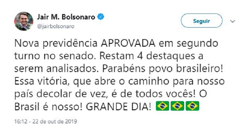 Presidente comemora a aprovação da Reforma