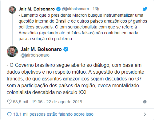 Bolsonaro mencionou, pelo Twitter, postagem do presidente francês, Emmanuel Macron sobre as queimadas na Amazônia.