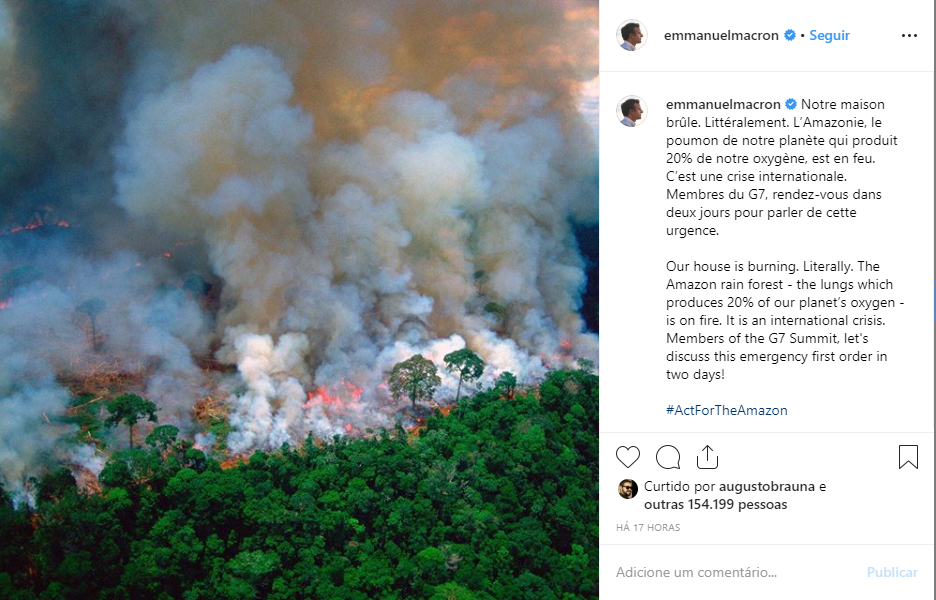 Na publicação no Twitter, o presidente da França classificou os incêndios na Amazônia de "crise internacional".