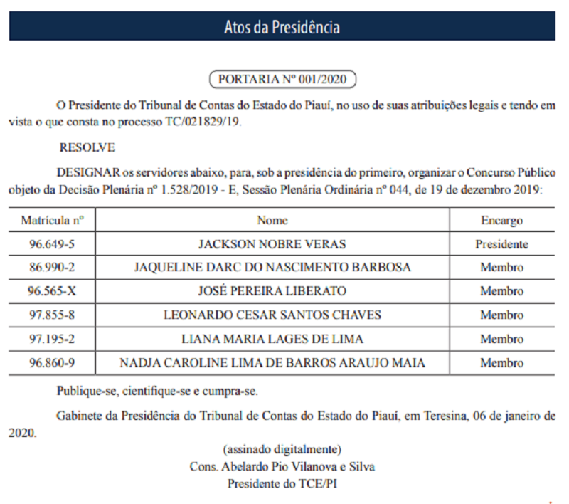 Comissão do concurso do Tribunal de Contas do Estado do Piauí