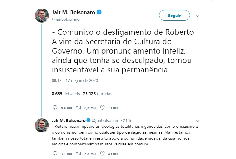 Tweet do presidente Jair Bolsonaro