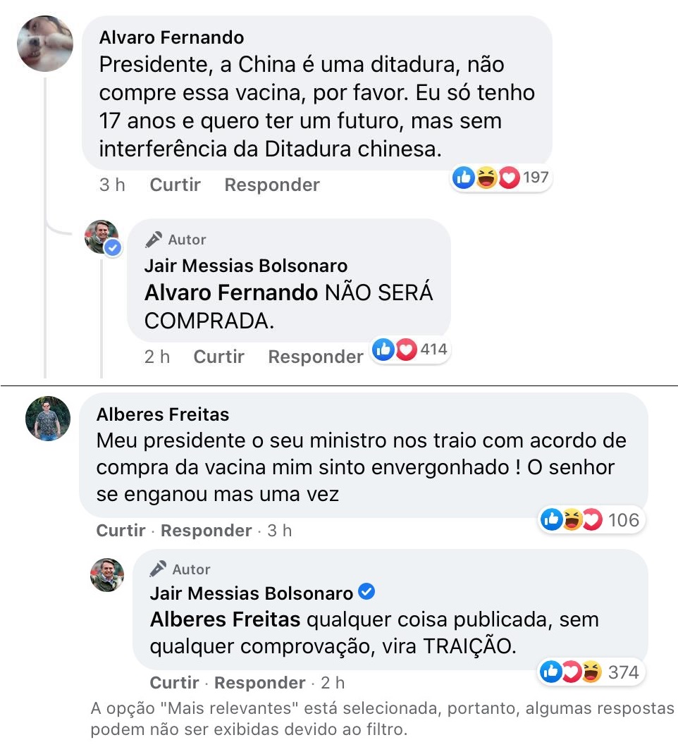 Bolsonaro manifestou publicamente sua percepção negativa sobre a Coronavac