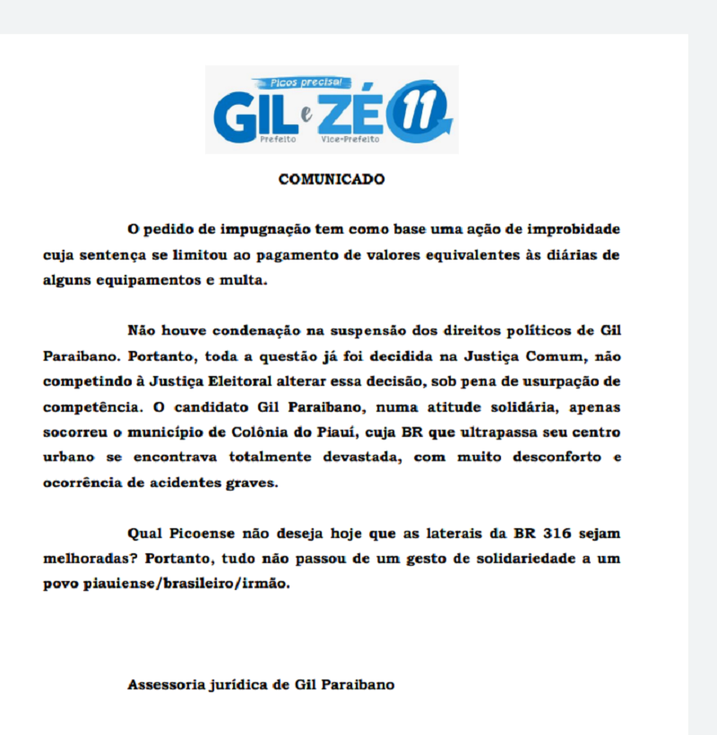 Nota divulgada pela assessoria jurídica do candidato a prefeito de Picos, Gil Paraibano