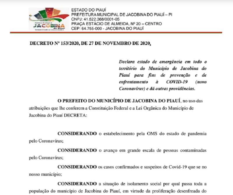 Decreto assinado pelo prefeito de Jacobina do Piauí