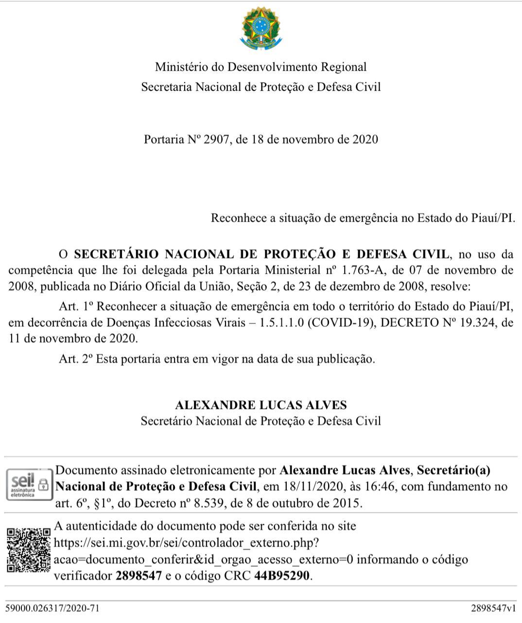 Documento governo federal reconhece decreto do governo do Piauí sobre emergência