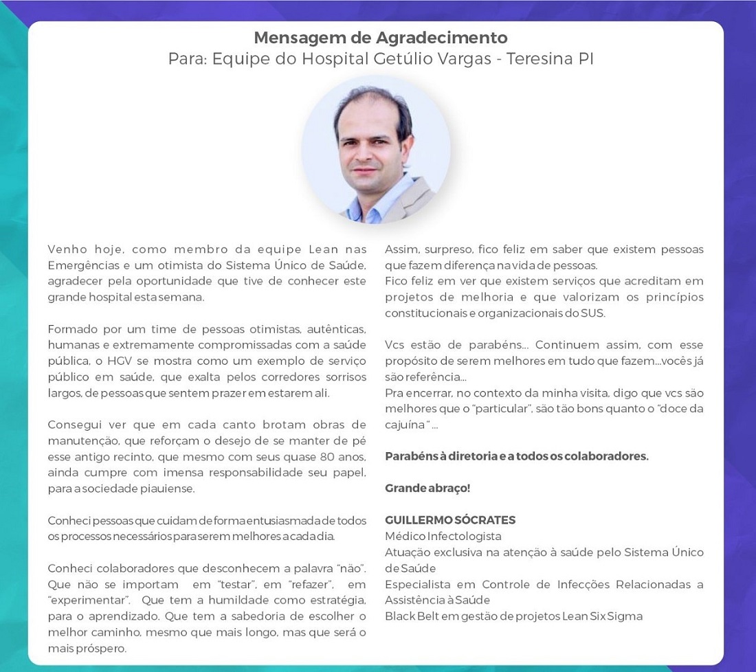 Mensagem de agradecimento à equipe do Hospital Getúlio Vargas (HGV)