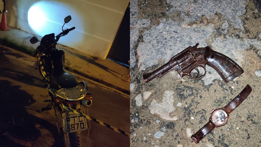 Revólver cal. 38 e uma moto placa PIC-5870, BROS 125, de cor preta, utilizados pelo o assaltante no crime