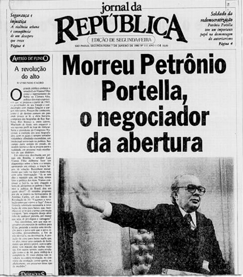 Jornal noticia morte do Senador do Piauí, Petrônio Portella, em 1980