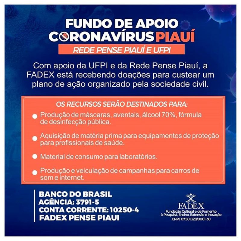 As doações podem ser feitas por meio de depósito ou transferência para a conta da Pense Piauí.