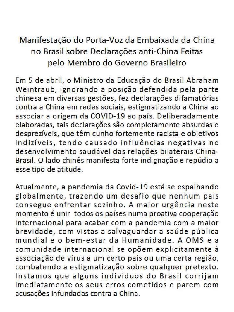 Manifestação publicada no Twitter pela Embaixada da China no Brasil