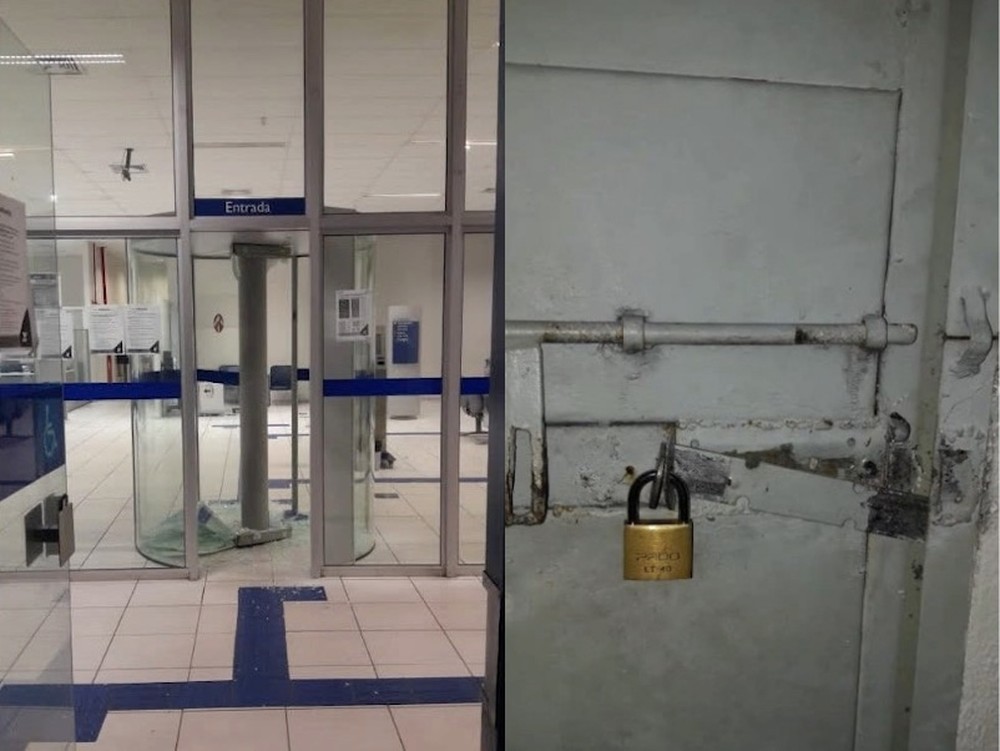 Porta giratória e porta na lateral do prédio da agência da Caixa Econômica Federal foram arrombadas, em Teresina
