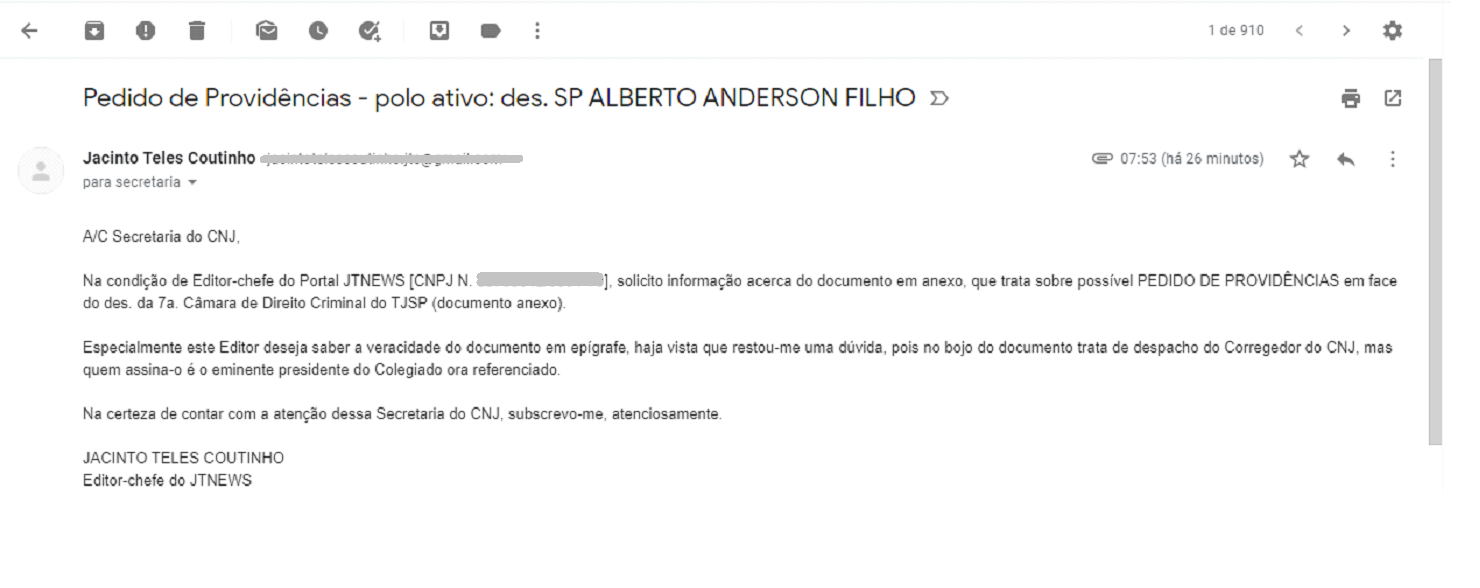 Print do e-mail enviado à secretaria do CNJ