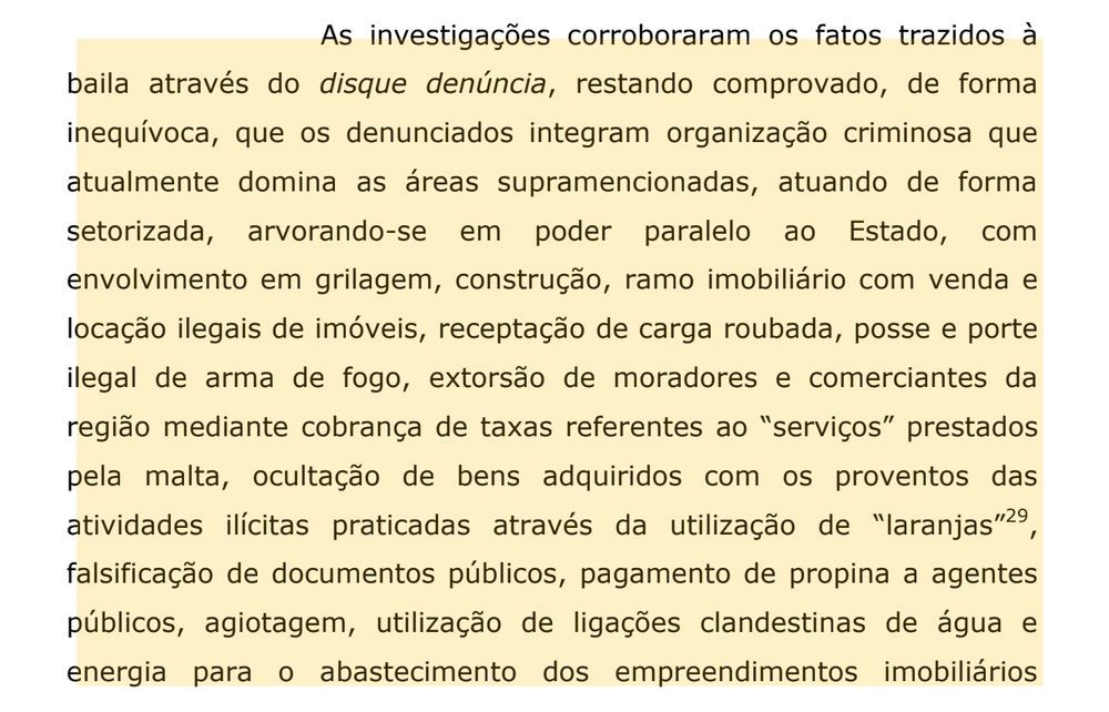 Trecho da denúncia cita a milícia de Adriano, construções e empresas em nome de laranjas.