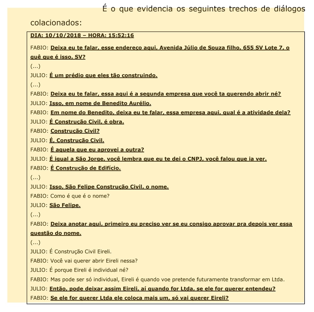 Trecho de interceptação detalha registro da construtora em nome de laranja.