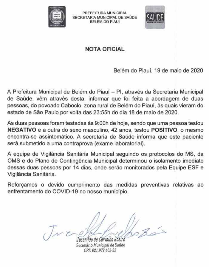 Nota da Secretaria de Saúde do município