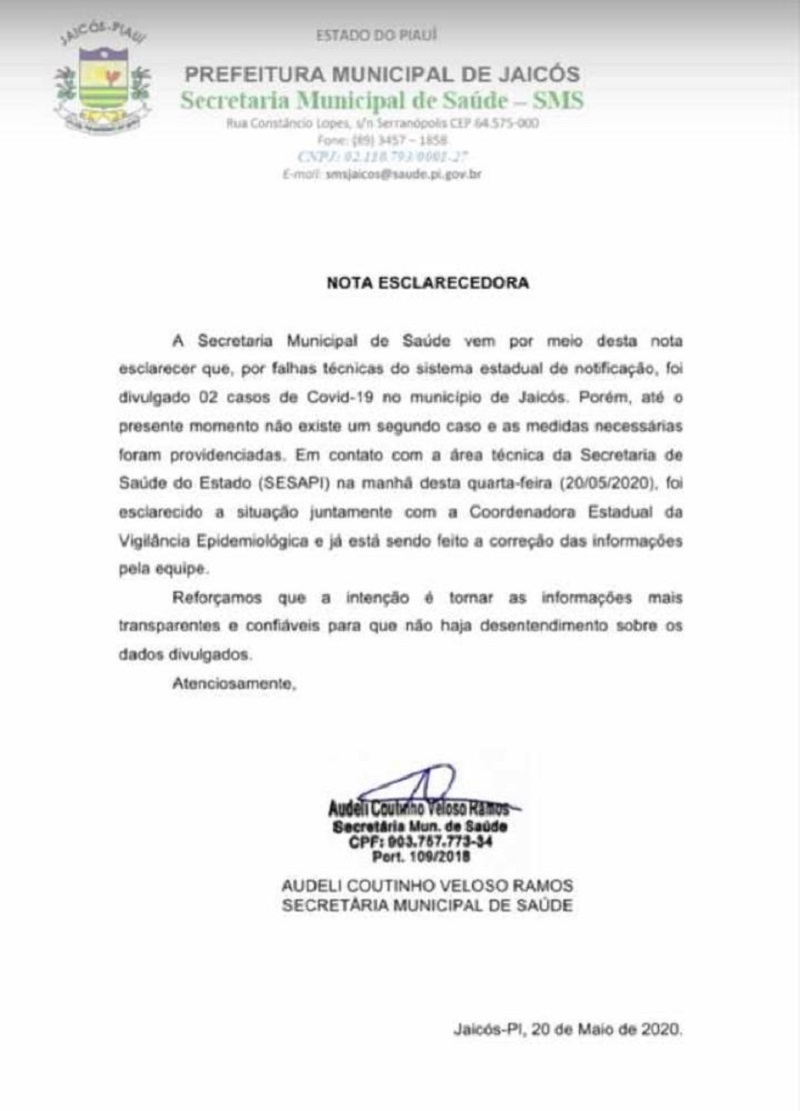 Nota divulgada pela prefeitura de Jaicós-PI