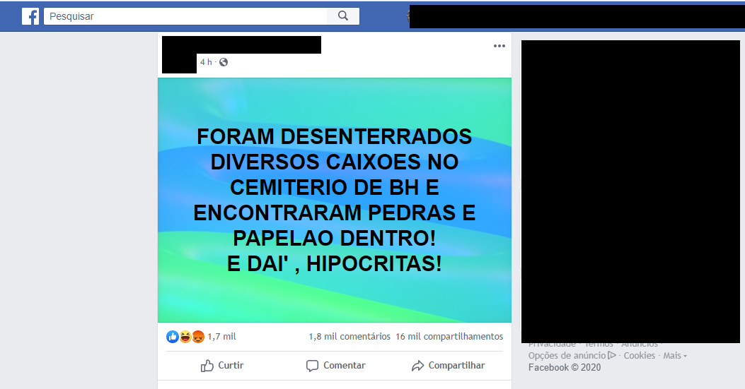 Print da Fake News que afirma que os caixões possuíam pedras e papelão ao invés de corpos