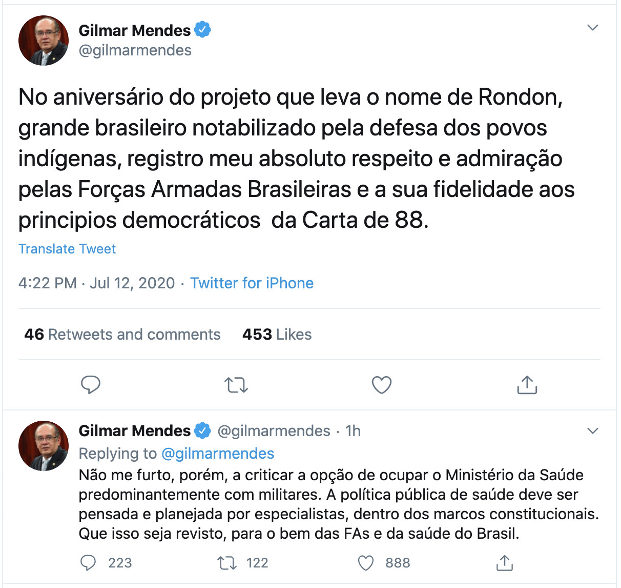 Tweet de Gilmar Mendes