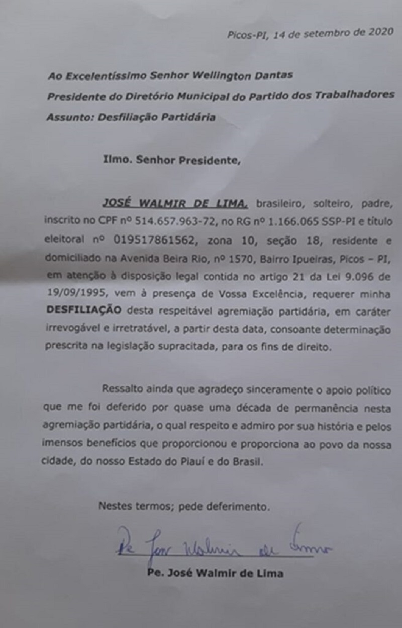 Documento do Padre Walmir ao diretório do partido em Picos