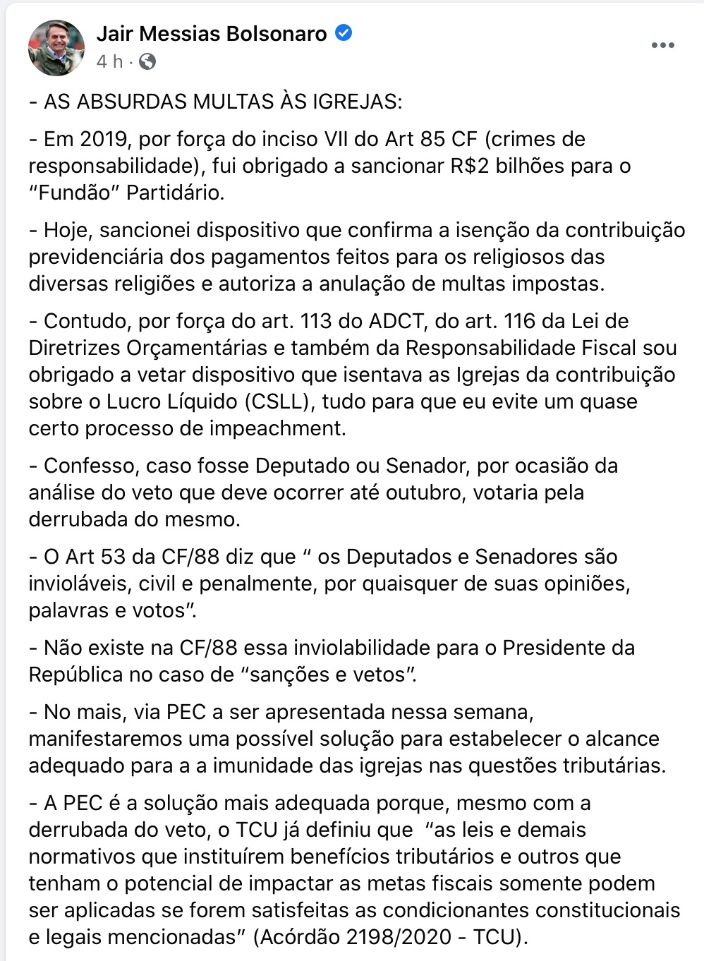 Print de publicação do Facebook de Bolsonaro