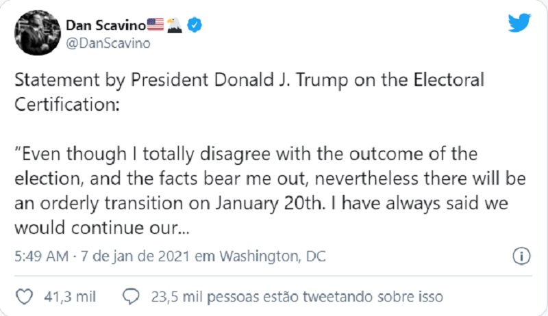 Em mensagem no Twitter, Trump prometeu "transição ordeira"