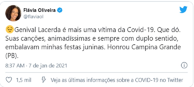 Flávia Oliveira lamenta morte de Genival Lacerda