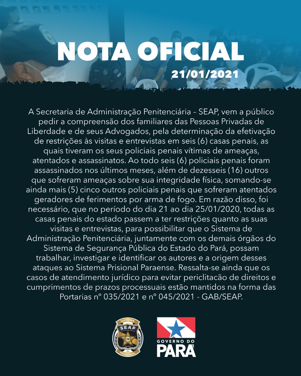 Nota Oficial da SEAP-PA