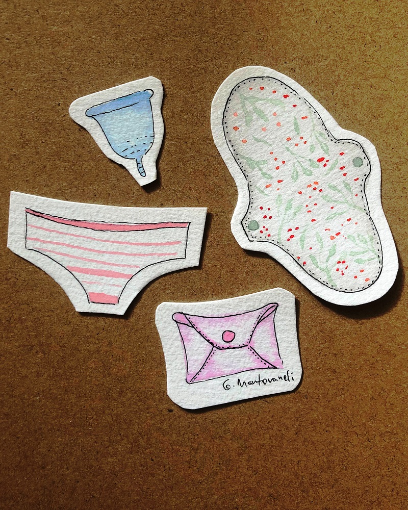 Acessórios menstruais "ecologicamente corretos" (em aquarela)