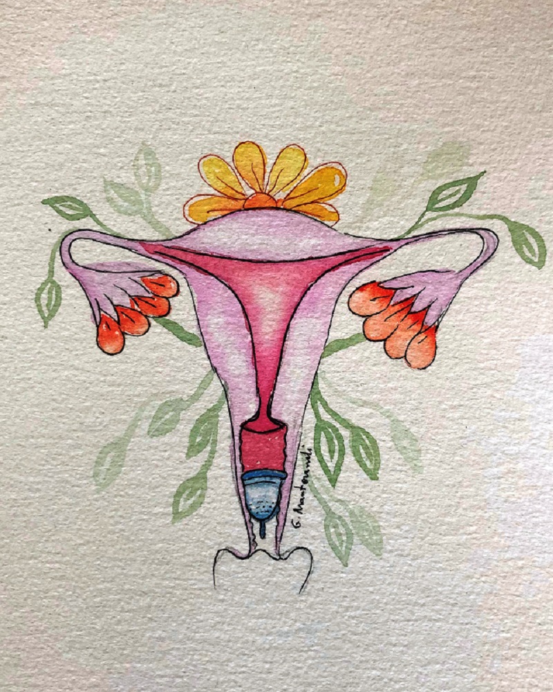 Coletor menstrual no canal vaginal (em aquarela)