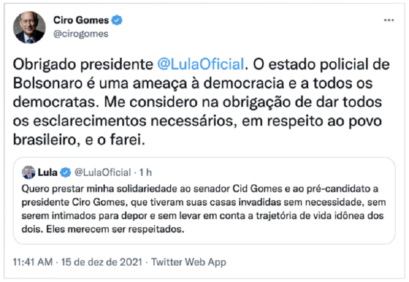 Ex-presidente Lula sai em defesa de Ciro Gomes