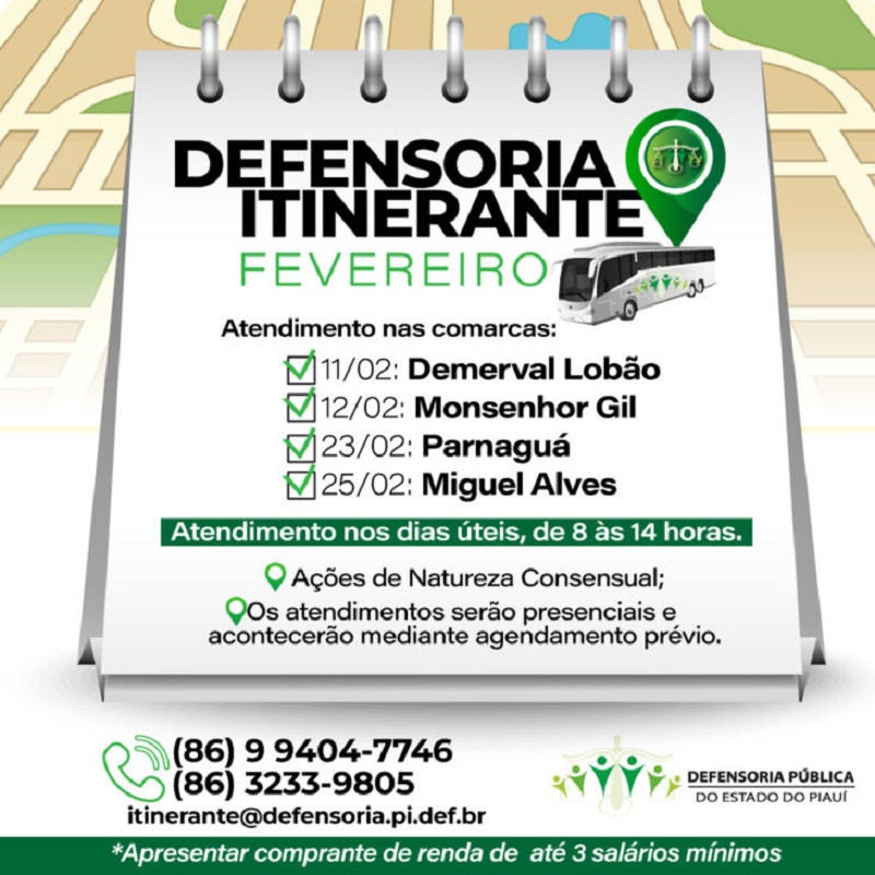 Calendários de atendimento da Defensoria Itinerante para o mês de fevereiro