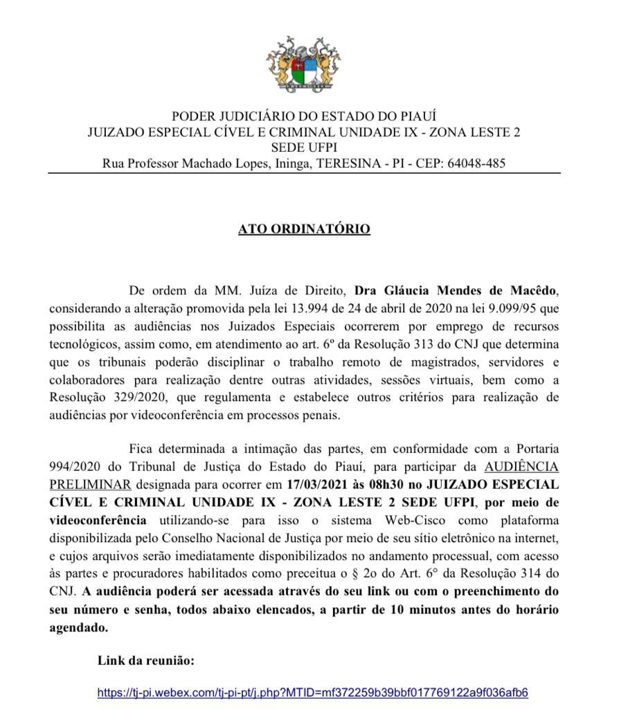Ato Judicial que marca a audiência para o dia 17 de março