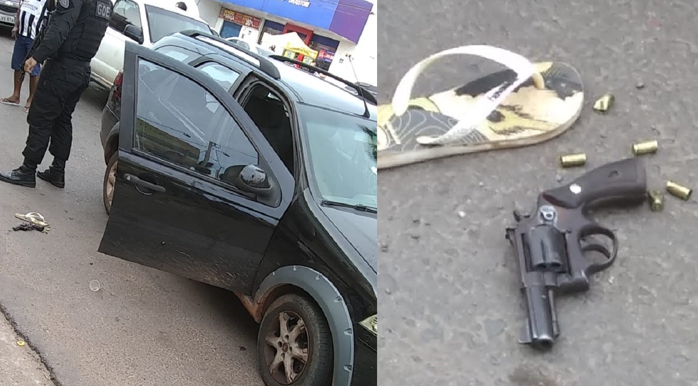 A arma utilizada pelos assaltantes estava jogada ao lado do veículo