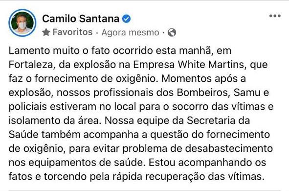 Camilo Santana lamentou o ocorrido pelas sas redes sociais
