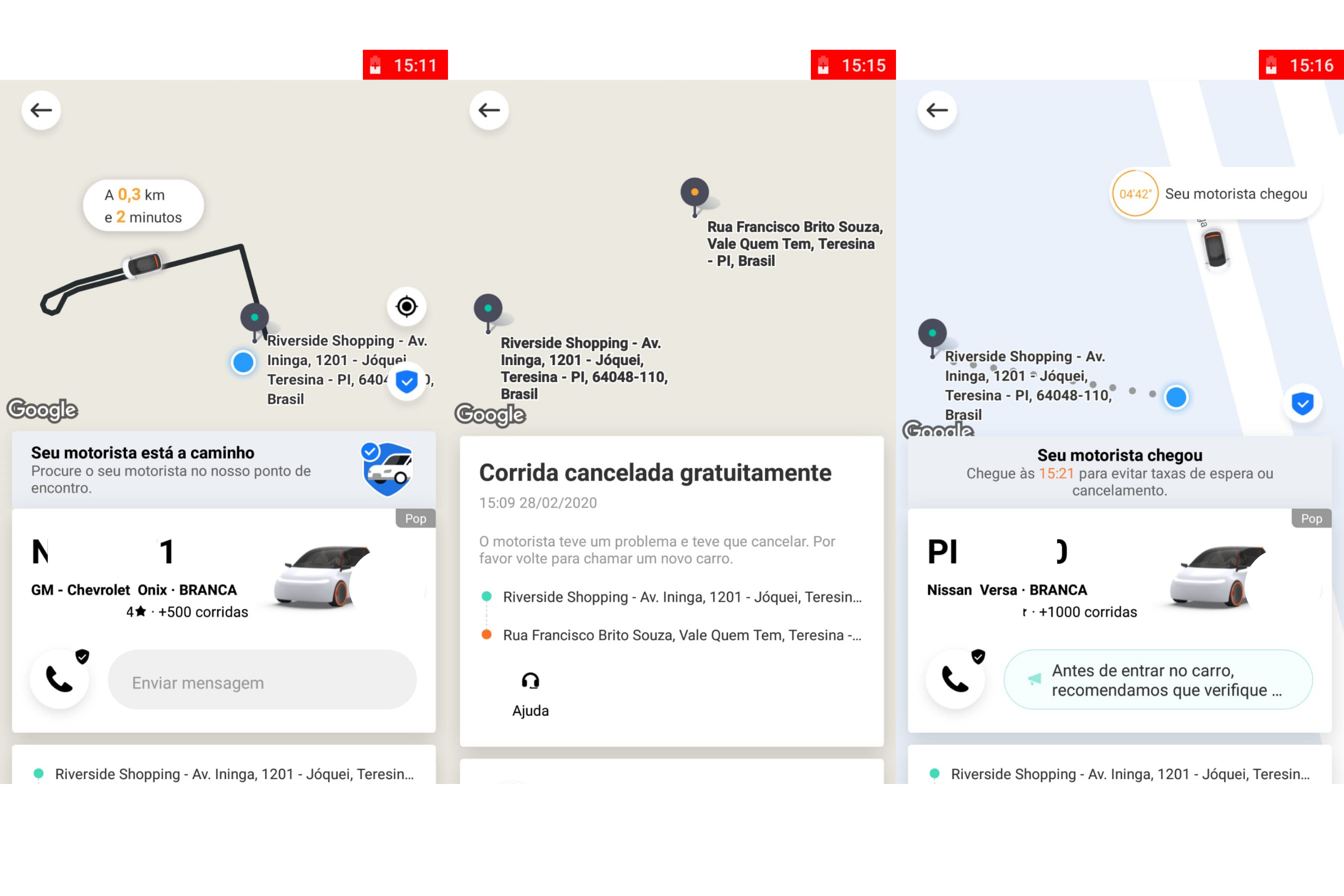 Capturas de tela que mostram os cancelamentos no mesmo dia