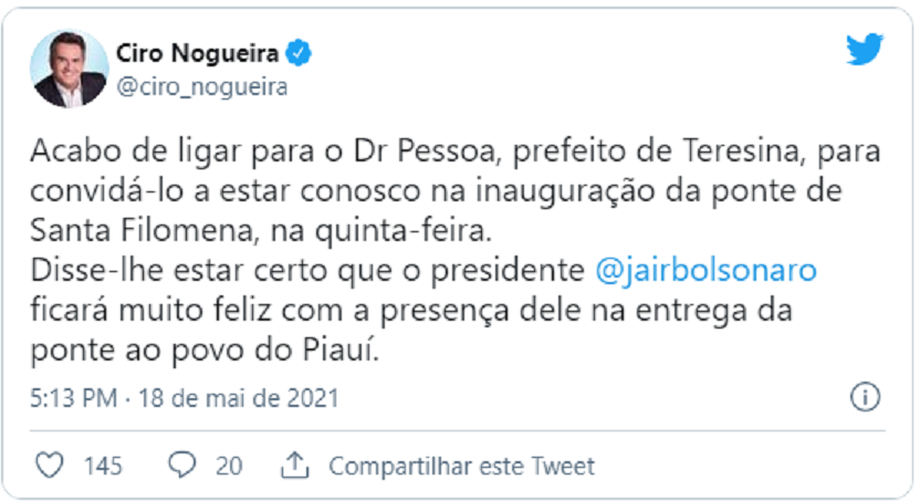 Ciro Nogueira, senador do Estado do Piauí, comunicando o convite feito para o prefeito de Teresina, em suas redes sociais