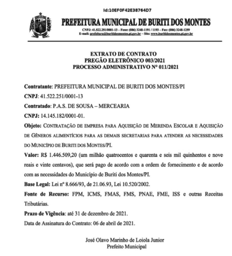 Extrato da compra de merendas escolares avaliado em mais de 1 milhão, assinado pelo prefeito de Buriti dos Montes
