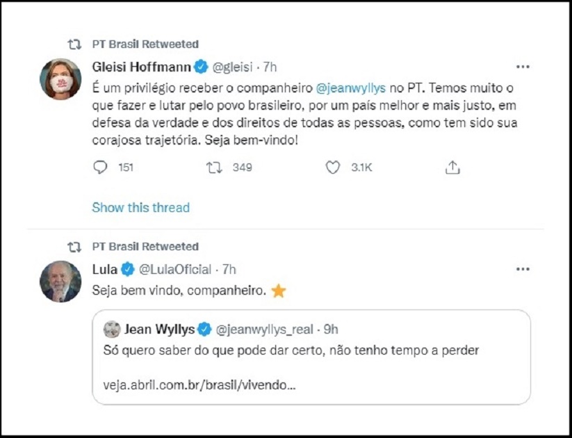 No twitter, Lula e Gleisi Hoffmann deram as boas vindas