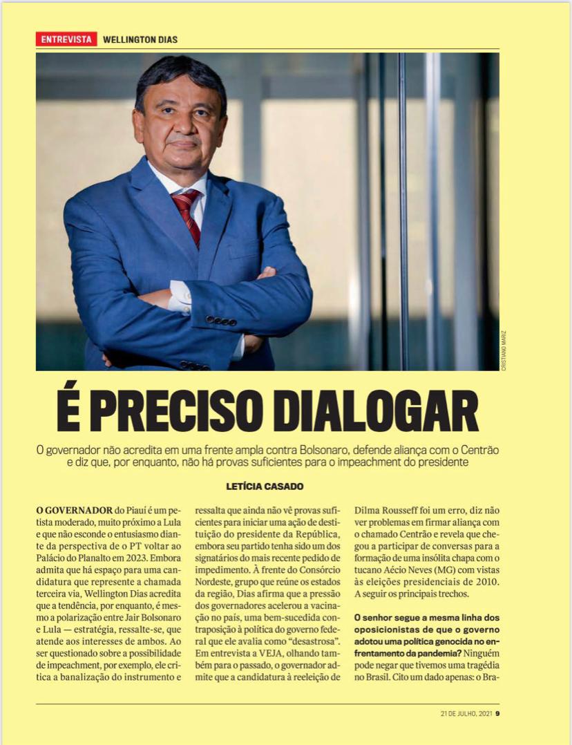 Governador do Piauí, Wellington Dias (PT) foi destaque da Revista Veja da semana