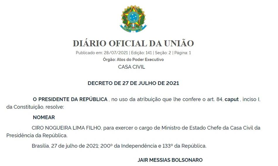 Trecho publicado nesta quarta-feira (28) no "Diário Oficial da União" (DOU)