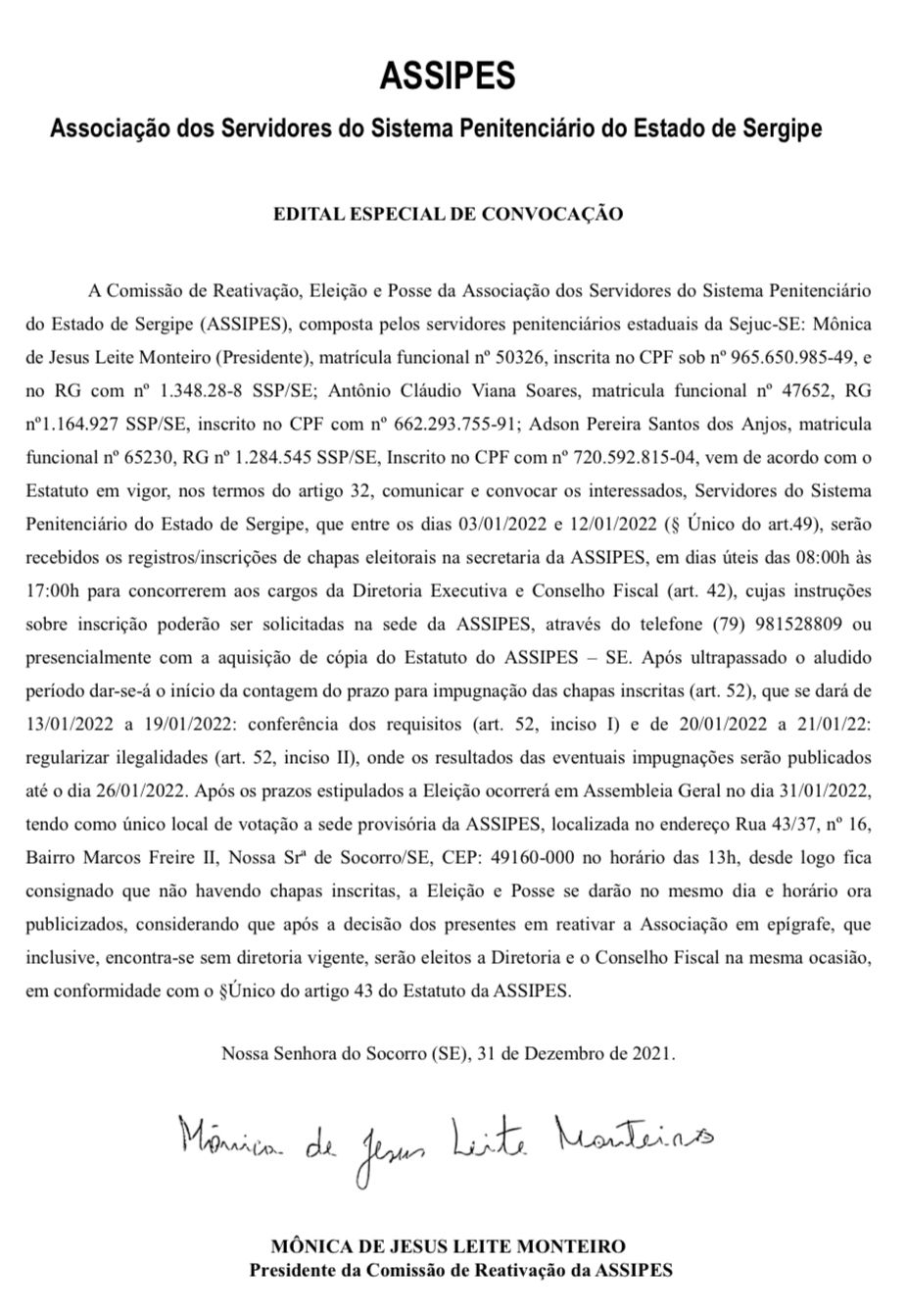 Edital Especial de Convocação da Comissão de Reativação da ASSIPES-SE