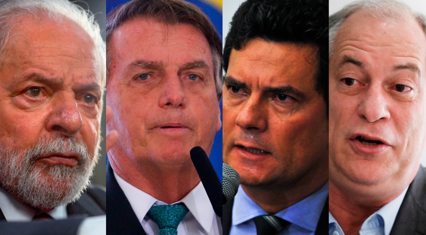 Pré-candidatos à Presidência da República nas Eleições 2022. Na ordem: Lula (PT), Bolsonaro (PL), Moro (Podemos) e Ciro (PDT)