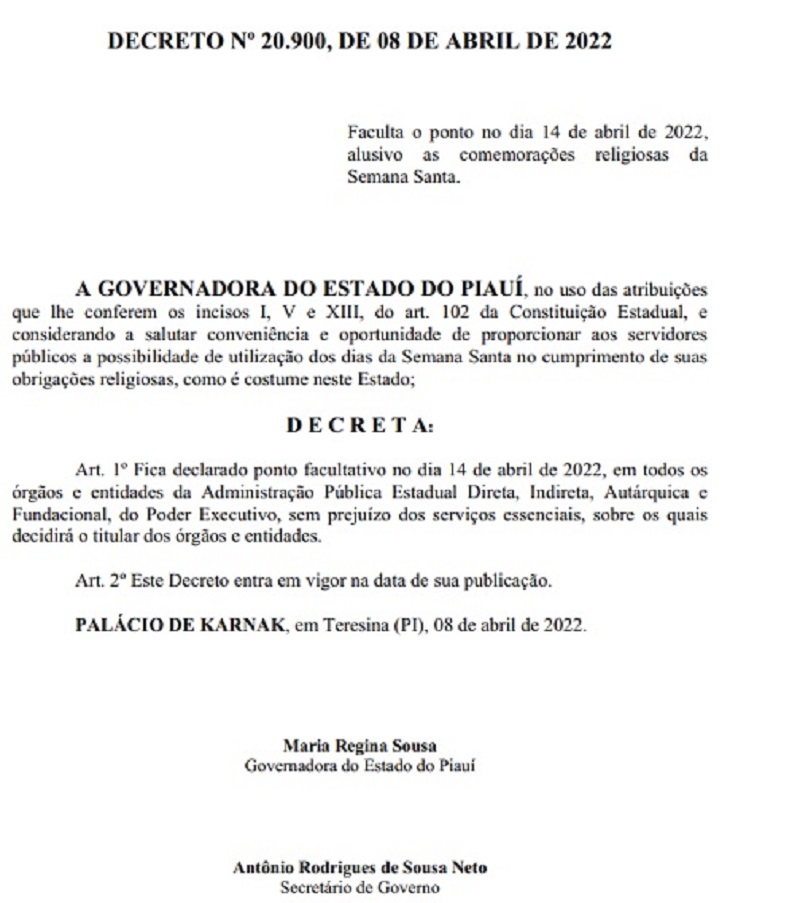 Decreto publicado no Diário Oficial