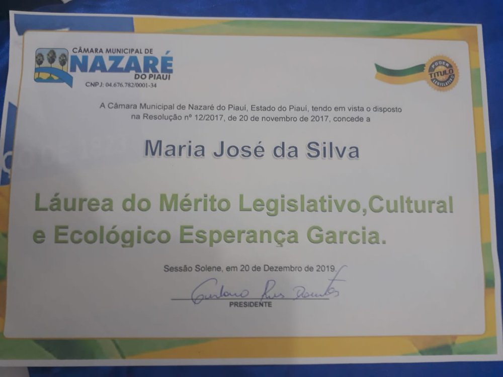 Primeiro título Honraria “Láurea do Mérito Legislativo Cultural e Ecológico Esperança Garcia” (Foto: Arquivo pessoal cedido ao JTNEWS) Primeiro título Honraria “Láurea do Mérito Legislativo Cultural e Ecológico Esperança Garcia” (Foto: Arquivo pessoal cedido ao JTNEWS)