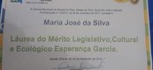 Primeiro título Honraria “Láurea do Mérito Legislativo Cultural e Ecológico Esperança Garcia”