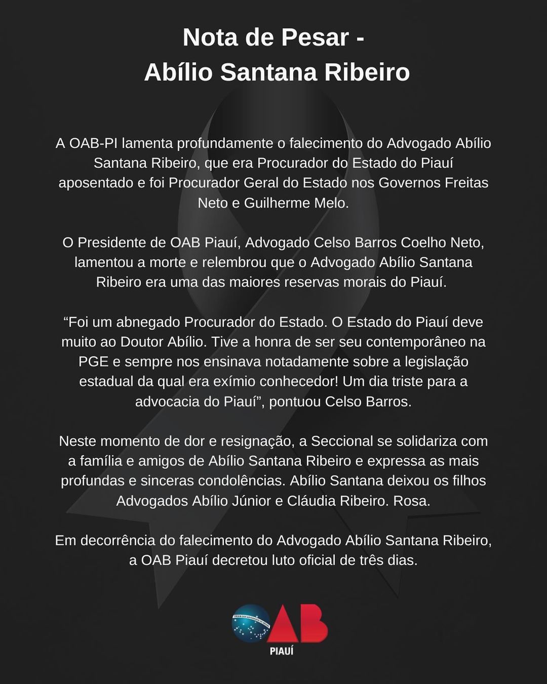 Nota de pesar: Abílio de Santana Ribeiro, por OAB-PI.