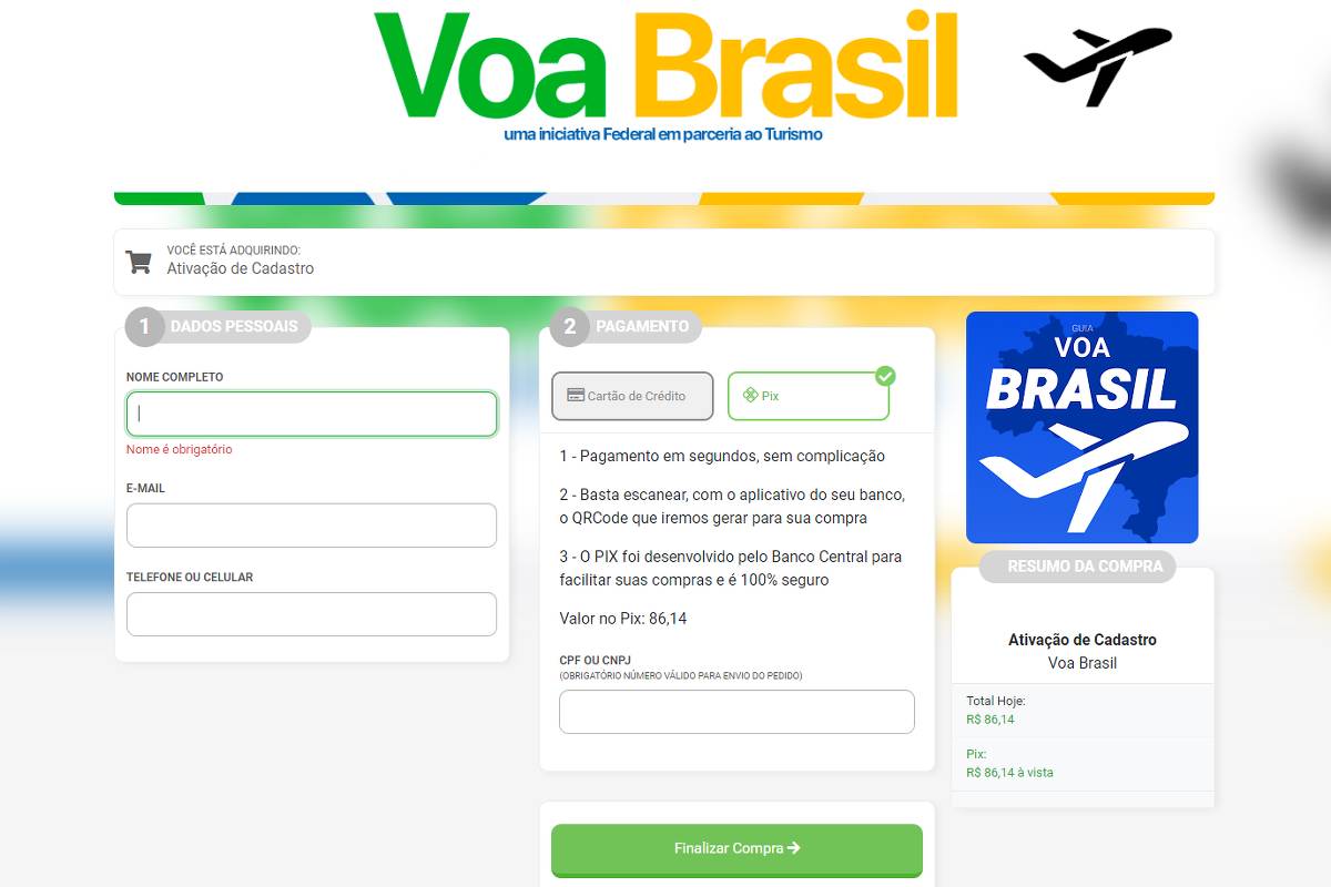 Site fraudulento simula canal de cadastro no Voa Brasil, programa do governo federal ainda não lançado.
