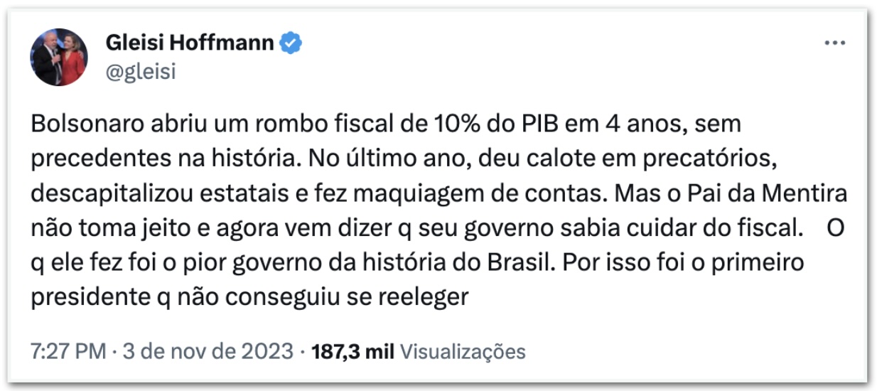 Tweet de Gleisi Hoffmann na rede social X.