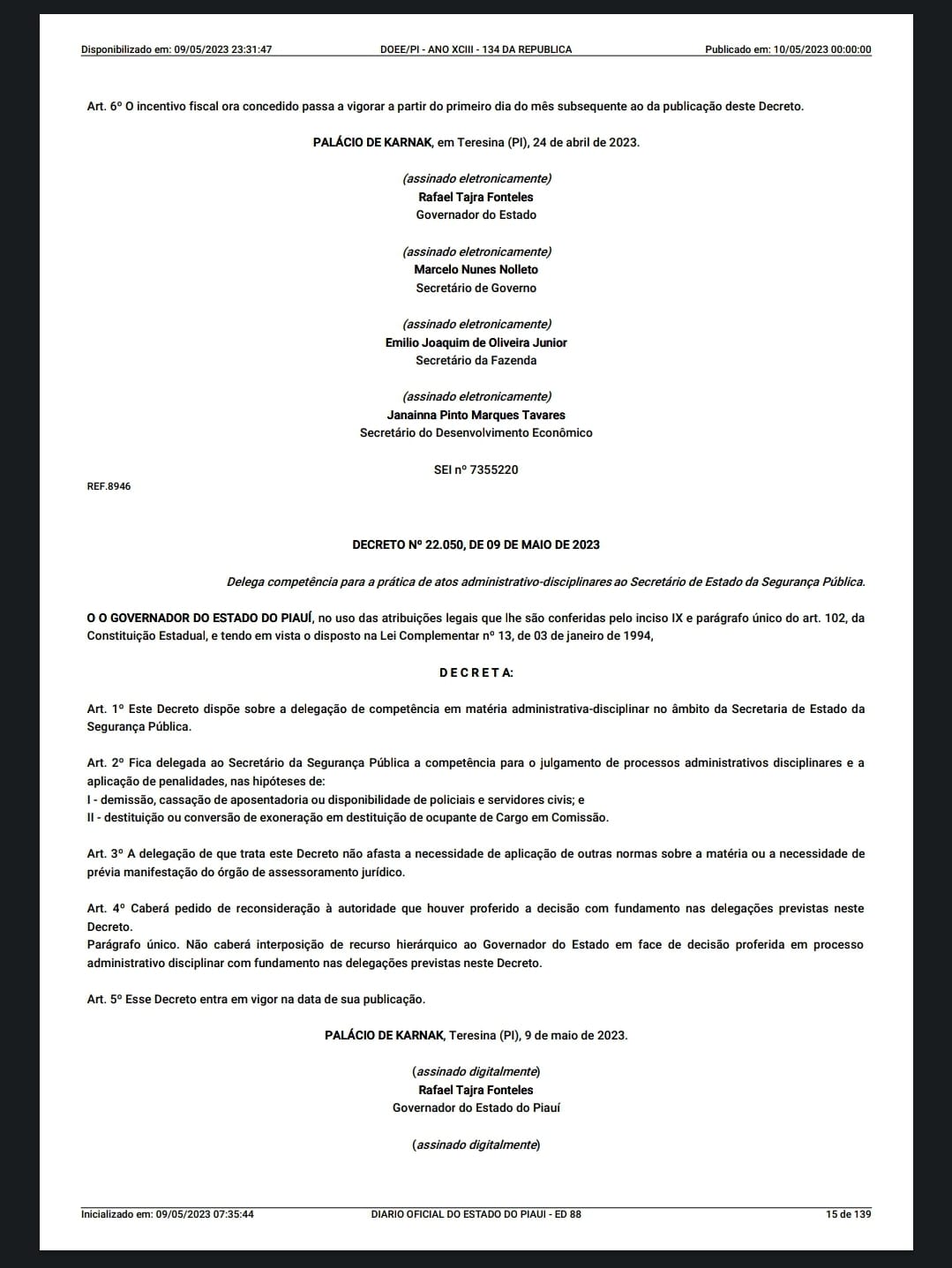 DECRETO Nº 22.050, DE 09 DE MAIO DE 2023