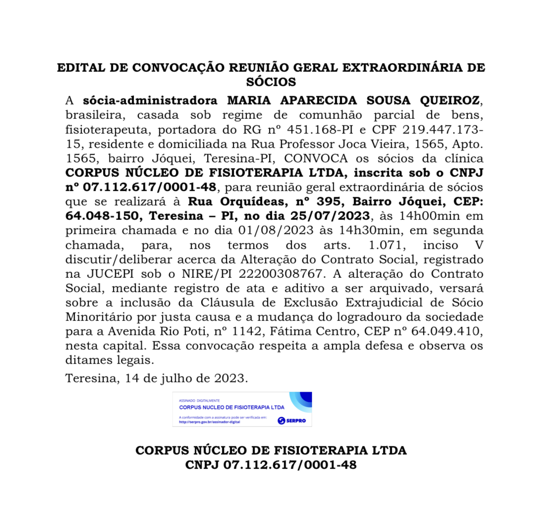 Convocação para Reunião Geral Extraordinária de Sócios